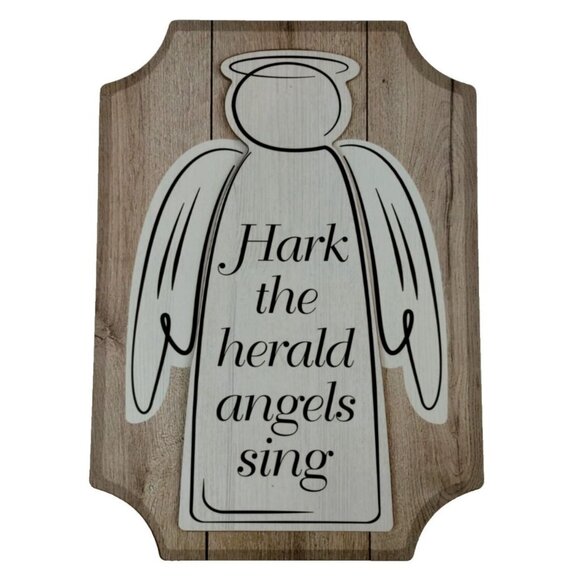Angel Wall Plaque With "Hark The Herald Angels Sing" Text On Wood-Like Backgroun - Picture 1 of 2